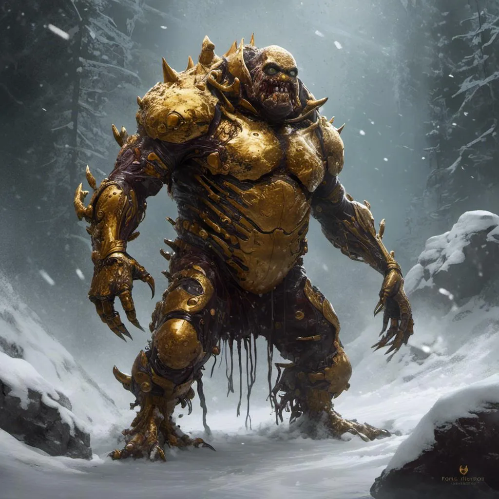 Prompt: <mymodel> a zombie mutant monster mutated fat golden armor man steampunk that is standing in the snow, concept art, inspired by Bob Eggleton, zbrush central contest winner, monster concept art, cinematic character concept art, avatar image, movie character, greg rutkowski, icebergs, realistic, polycount, hairy, big, {sharp teeth}, fantasy boss battle, {huge spikes horns}, digital art, artstation