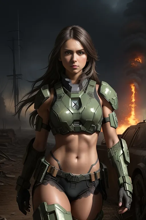 Prompt: "Nina Dobrev" ((detailed fit muscular body)), background oil painting in post apocalyptic sci-fi dieselpunk style by Anders Zorn and Joseph Christian Leyendecker, wearing (black lace Mjolnir Powered Assault Armor) from halo games, highly detailed face, highly detailed eyes, highly detailed body, full body, whole body visible, full character visible, hyperrealism with hyperrealistic intricate details, anime vibes, cinematic volumetric dramatic dramatic studio 3d glamour lighting, backlit backlight, 128k UHD HDR HD, front view professional photography long shot, unreal engine octane render trending on artstation, triadic colors, sharp focus, occlusion, centered, symmetry, ultimate, shadows, highlights, contrast, art by Yoji Shinkawa and WLOP and Ilya Kuvshinov  and Greg Rutkowski and Vladimir Volegov,