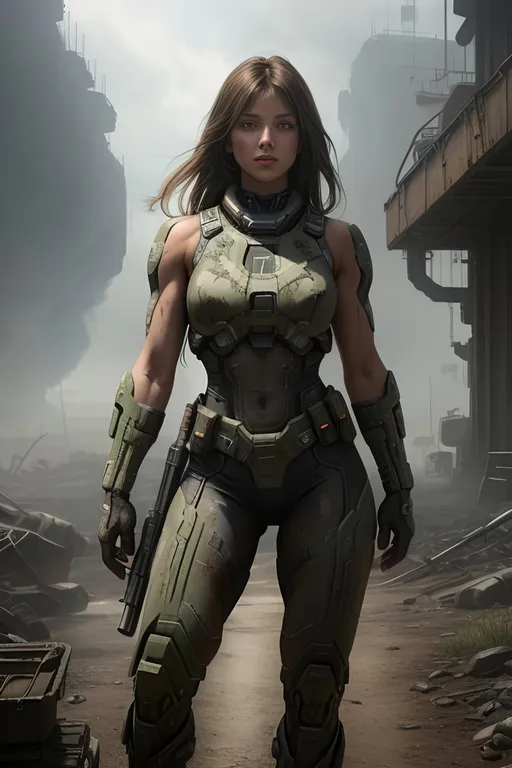 Prompt: "Alyson Gorske" ((detailed fit muscular body)), background oil painting in post apocalyptic sci-fi dieselpunk style by Anders Zorn and Joseph Christian Leyendecker, wearing (black Mjolnir Powered Assault Armor) from halo games, highly detailed face, highly detailed eyes, highly detailed body, full body, whole body visible, full character visible, hyperrealism with hyperrealistic intricate details, anime vibes, cinematic volumetric dramatic dramatic studio 3d glamour lighting, backlit backlight, 128k UHD HDR HD, front view professional photography long shot, unreal engine octane render trending on artstation, triadic colors, sharp focus, occlusion, centered, symmetry, ultimate, shadows, highlights, contrast, art by Yoji Shinkawa and WLOP and Ilya Kuvshinov  and Greg Rutkowski and Vladimir Volegov,