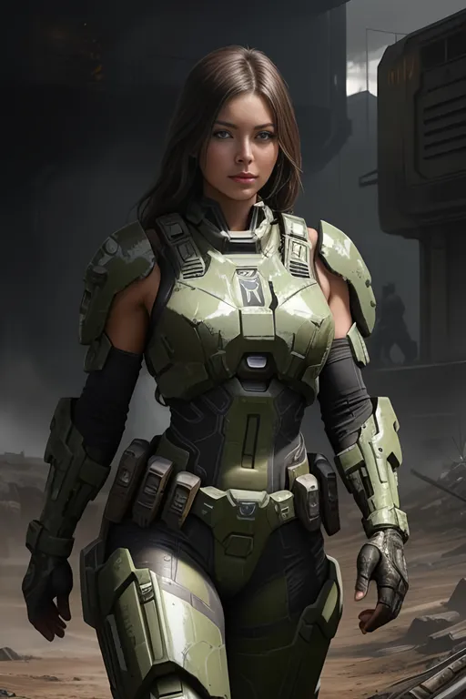 Prompt: (face like Alyson Gorske:1.0) ((detailed fit muscular body)), background oil painting in post apocalyptic sci-fi dieselpunk style by Anders Zorn and Joseph Christian Leyendecker, wearing (black Mjolnir Powered Assault gen 3 Armor) from halo games, highly detailed face, highly detailed eyes, highly detailed body, full body, whole body visible, full character visible, hyperrealism with hyperrealistic intricate details, anime vibes, cinematic volumetric dramatic dramatic studio 3d glamour lighting, backlit backlight, 128k UHD HDR HD, front view professional photography long shot, unreal engine octane render trending on artstation, triadic colors, sharp focus, occlusion, centered, symmetry, ultimate, shadows, highlights, contrast, art by Yoji Shinkawa and WLOP and Ilya Kuvshinov  and Greg Rutkowski and Vladimir Volegov,