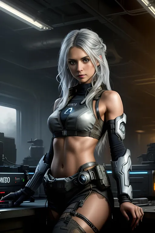Prompt: Nina Dobrev,  ((detailed fit muscular body)), background oil painting in post apocalyptic sci-fi dieselpunk style a woman with silver hair is playing music on dj's desk and dancing by Anders Zorn and Joseph Christian Leyendecker, wearing (black lace Mjolnir Powered Assault gen 3 Armor) from halo games, siler hair, highly detailed face, highly detailed eyes, highly detailed body, full body, whole body visible, full character visible, hyperrealism with hyperrealistic intricate details, anime vibes, cinematic volumetric dramatic dramatic studio 3d glamour lighting, backlit backlight, 128k UHD HDR HD, front view professional photography long shot, unreal engine octane render trending on artstation, triadic colors, sharp focus, occlusion, centered, symmetry, ultimate, shadows, highlights, contrast, art by Yoji Shinkawa and WLOP and Ilya Kuvshinov  and Greg Rutkowski and Vladimir Volegov,