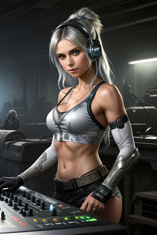 Prompt: Nina Dobrev,  ((detailed fit muscular body)), background oil painting in post apocalyptic sci-fi dieselpunk style a woman with silver hair is playing music on dj's desk and harcore dancing with arms by Anders Zorn and Joseph Christian Leyendecker, wearing (black lace Mjolnir Powered Assault gen 3 Armor) from halo games, siler hair, highly detailed face, highly detailed eyes, highly detailed body, full body, whole body visible, full character visible, hyperrealism with hyperrealistic intricate details, anime vibes, cinematic volumetric dramatic dramatic studio 3d glamour lighting, backlit backlight, 128k UHD HDR HD, front view professional photography long shot, unreal engine octane render trending on artstation, triadic colors, sharp focus, occlusion, centered, symmetry, ultimate, shadows, highlights, contrast, art by Yoji Shinkawa and WLOP and Ilya Kuvshinov  and Greg Rutkowski and Vladimir Volegov,