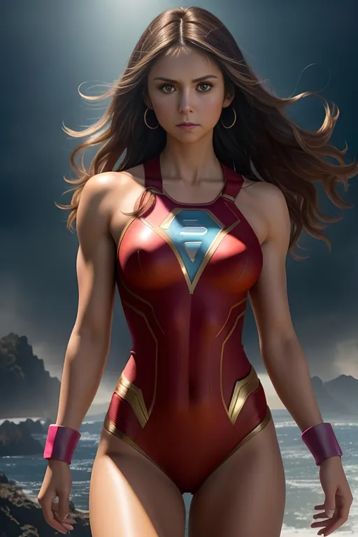 Prompt: (Nina Dobrev) as superwomen,((detailed fit muscular body)), highly detailed face, highly detailed eyes, highly detailed body, full body, whole body visible, full character visible, hyperrealism with hyperrealistic intricate details, anime vibes, cinematic volumetric dramatic dramatic studio 3d glamour lighting, backlit backlight, 128k UHD HDR HD, front view professional photography long shot, unreal engine octane render trending on artstation, triadic colors, sharp focus, occlusion, centered, symmetry, ultimate, shadows, highlights, contrast, art by Yoji Shinkawa and luis royo and WLOP and Ilya Kuvshinov  and Greg Rutkowski and Vladimir Volegov and Alphonse Mucha,