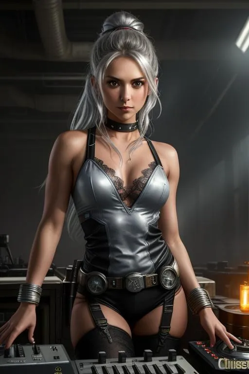 Prompt: Nina Dobrev,  ((detailed fit muscular body)), background oil painting in post apocalyptic sci-fi dieselpunk style a woman with silver hair is playing music on dj's desk and sensual dancing, by Anders Zorn and Joseph Christian Leyendecker, wearing (black lace Mjolnir Powered Assault gen 3 Armor) from halo games, siler hair, highly detailed face, highly detailed eyes, highly detailed body, full body, whole body visible, full character visible, hyperrealism with hyperrealistic intricate details, anime vibes, cinematic volumetric dramatic dramatic studio 3d glamour lighting, backlit backlight, 128k UHD HDR HD, front view professional photography long shot, unreal engine octane render trending on artstation, triadic colors, sharp focus, occlusion, centered, symmetry, ultimate, shadows, highlights, contrast, art by Yoji Shinkawa and WLOP and Ilya Kuvshinov  and Greg Rutkowski and Vladimir Volegov,