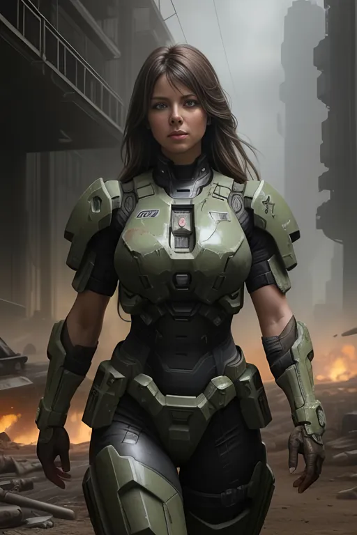 Prompt: "Alyson Gorske" ((detailed fit muscular body)), background oil painting in post apocalyptic sci-fi dieselpunk style by Anders Zorn and Joseph Christian Leyendecker, wearing (black Mjolnir Powered Assault Armor) from halo games, highly detailed face, highly detailed eyes, highly detailed body, full body, whole body visible, full character visible, hyperrealism with hyperrealistic intricate details, anime vibes, cinematic volumetric dramatic dramatic studio 3d glamour lighting, backlit backlight, 128k UHD HDR HD, front view professional photography long shot, unreal engine octane render trending on artstation, triadic colors, sharp focus, occlusion, centered, symmetry, ultimate, shadows, highlights, contrast, art by Yoji Shinkawa and WLOP and Ilya Kuvshinov  and Greg Rutkowski and Vladimir Volegov,