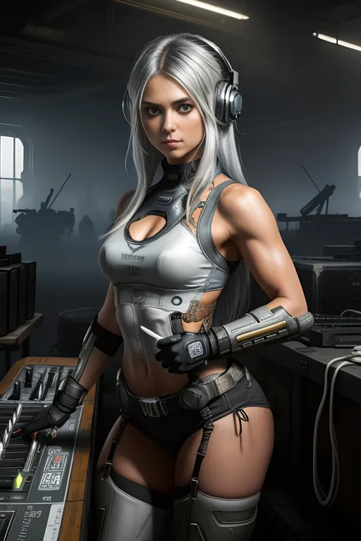 Prompt: Nina Dobrev,  ((detailed fit muscular body)), background oil painting in post apocalyptic sci-fi dieselpunk style a woman with silver hair is playing music on dj's desk and harcore dancing with arms by Anders Zorn and Joseph Christian Leyendecker, wearing (black lace Mjolnir Powered Assault gen 3 Armor) from halo games, siler hair, highly detailed face, highly detailed eyes, highly detailed body, full body, whole body visible, full character visible, hyperrealism with hyperrealistic intricate details, anime vibes, cinematic volumetric dramatic dramatic studio 3d glamour lighting, backlit backlight, 128k UHD HDR HD, front view professional photography long shot, unreal engine octane render trending on artstation, triadic colors, sharp focus, occlusion, centered, symmetry, ultimate, shadows, highlights, contrast, art by Yoji Shinkawa and WLOP and Ilya Kuvshinov  and Greg Rutkowski and Vladimir Volegov,