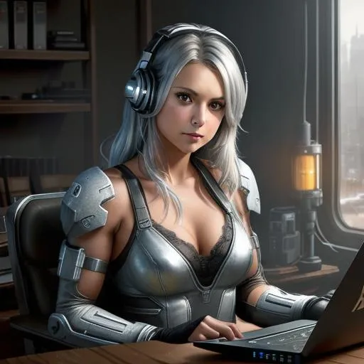 Prompt: Nina Dobrev, (surprise face), ((detailed fit muscular body)), background oil painting in post apocalyptic sci-fi dieselpunk style a woman with silver hair is playing music on dj's desk by Anders Zorn and Joseph Christian Leyendecker, wearing (black lace Mjolnir Powered Assault gen 3 Armor) from halo games, siler hair, highly detailed face, highly detailed eyes, highly detailed body, full body, whole body visible, full character visible, hyperrealism with hyperrealistic intricate details, anime vibes, cinematic volumetric dramatic dramatic studio 3d glamour lighting, backlit backlight, 128k UHD HDR HD, front view professional photography long shot, unreal engine octane render trending on artstation, triadic colors, sharp focus, occlusion, centered, symmetry, ultimate, shadows, highlights, contrast, art by Yoji Shinkawa and WLOP and Ilya Kuvshinov  and Greg Rutkowski and Vladimir Volegov,