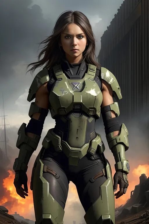Prompt: "Nina Dobrev" ((detailed fit muscular body)), background oil painting in post apocalyptic sci-fi dieselpunk style by Anders Zorn and Joseph Christian Leyendecker, wearing (black Mjolnir Powered Assault Armor) from halo games, highly detailed face, highly detailed eyes, highly detailed body, full body, whole body visible, full character visible, hyperrealism with hyperrealistic intricate details, anime vibes, cinematic volumetric dramatic dramatic studio 3d glamour lighting, backlit backlight, 128k UHD HDR HD, front view professional photography long shot, unreal engine octane render trending on artstation, triadic colors, sharp focus, occlusion, centered, symmetry, ultimate, shadows, highlights, contrast, art by Yoji Shinkawa and WLOP and Ilya Kuvshinov  and Greg Rutkowski and Vladimir Volegov,
