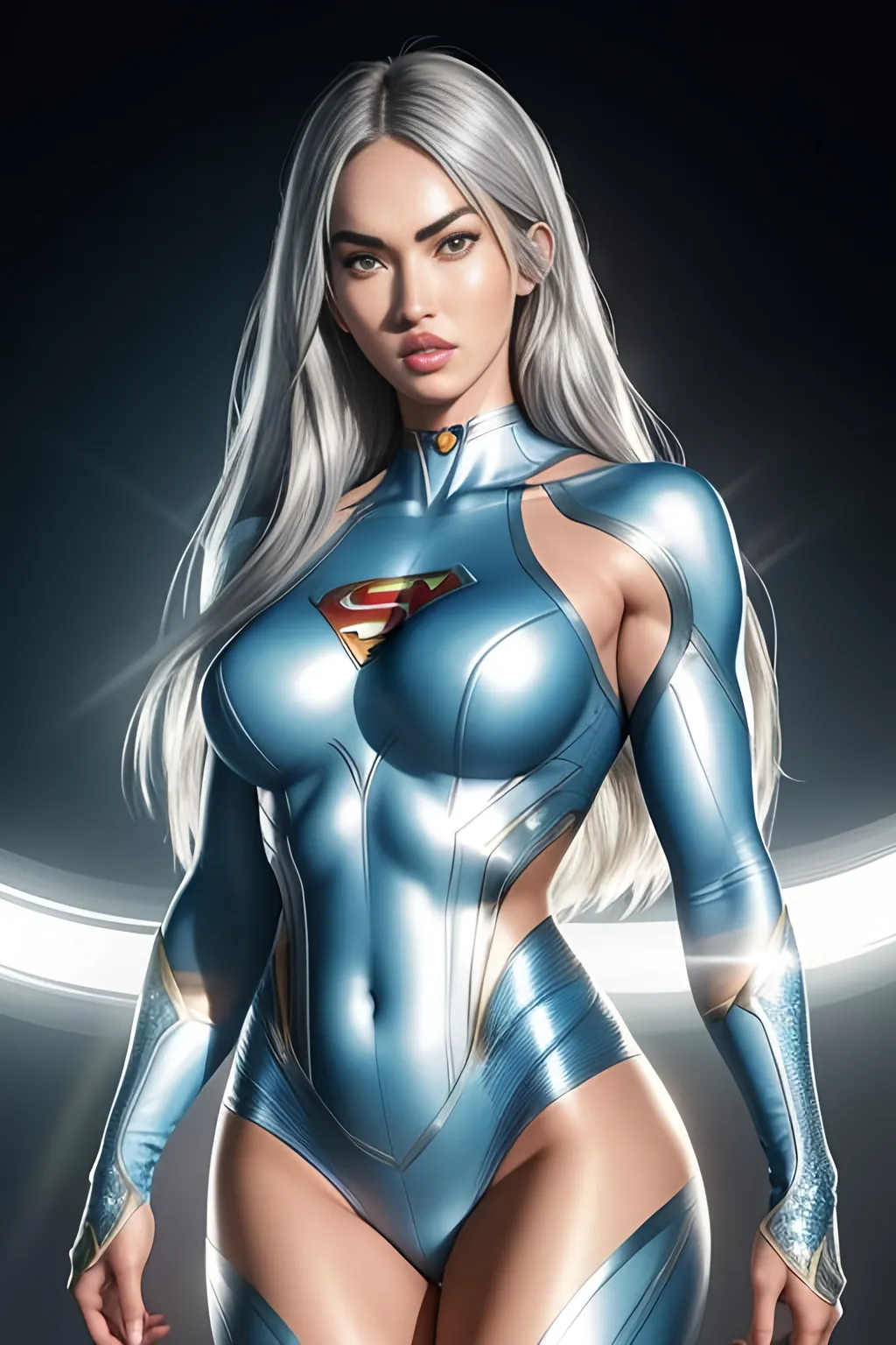Prompt: "Megan Fox" as superwomen with silver hair, ((detailed fit muscular body)), highly detailed face, highly detailed eyes, highly detailed body, full body, whole body visible, full character visible, hyperrealism with hyperrealistic intricate details, anime vibes, cinematic volumetric dramatic dramatic studio 3d glamour lighting, backlit backlight, 128k UHD HDR HD, front view professional photography long shot, unreal engine octane render trending on artstation, triadic colors, sharp focus, occlusion, centered, symmetry, ultimate, shadows, highlights, contrast, art by Yoji Shinkawa and WLOP and Ilya Kuvshinov  and Greg Rutkowski and Vladimir Volegov