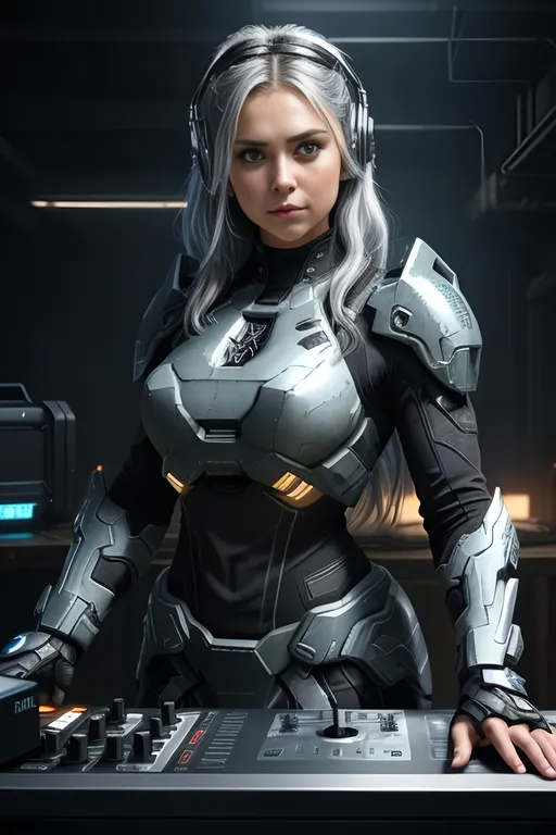Prompt: {{{Nina Dobrev}}}, ((detailed fit muscular body)), wearing (black lace Mjolnir Powered Assault gen 3 Armor) from halo games, with silver hair, background oil painting in post apocalyptic sci-fi dieselpunk style a woman with silver hair is playing music on dj's desk and dancing and surprise face by Anders Zorn and Joseph, highly detailed face, highly detailed eyes, highly detailed body, full body, whole body visible, full character visible, hyperrealism with hyperrealistic intricate details, anime vibes, cinematic volumetric dramatic dramatic studio 3d glamour lighting, backlit backlight, 128k UHD HDR HD, front view professional photography long shot, unreal engine octane render trending on artstation, triadic colors, sharp focus, occlusion, centered, symmetry, ultimate, shadows, highlights, contrast, art by Yoji Shinkawa and WLOP and Ilya Kuvshinov  and Greg Rutkowski and Vladimir Volegov,