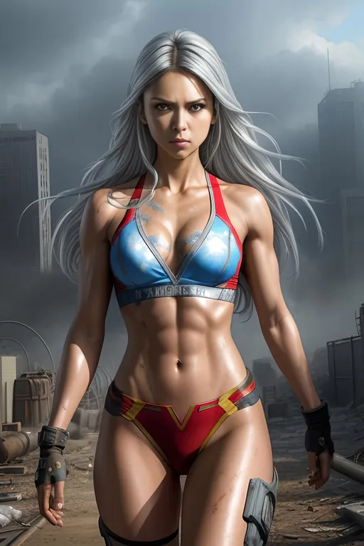 Prompt: "Nina Dobrev" as superwomen with silver hair, ((detailed fit muscular body)), background oil painting in post apocalyptic style by Yoji Shinkawa, highly detailed face, highly detailed eyes, highly detailed body, full body, whole body visible, full character visible, hyperrealism with hyperrealistic intricate details, anime vibes, cinematic volumetric dramatic dramatic studio 3d glamour lighting, backlit backlight, 128k UHD HDR HD, front view professional photography long shot, unreal engine octane render trending on artstation, triadic colors, sharp focus, occlusion, centered, symmetry, ultimate, shadows, highlights, contrast, art by Yoji Shinkawa and WLOP and Ilya Kuvshinov  and Greg Rutkowski and Vladimir Volegov,