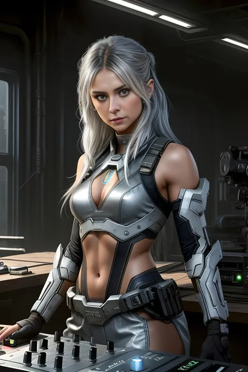 Prompt: Nina Dobrev,  ((detailed fit muscular body)), background oil painting in post apocalyptic sci-fi dieselpunk style a woman with silver hair is playing music on dj's desk and dancing by Anders Zorn and Joseph Christian Leyendecker, wearing (black lace Mjolnir Powered Assault gen 3 Armor) from halo games, siler hair, highly detailed face, highly detailed eyes, highly detailed body, full body, whole body visible, full character visible, hyperrealism with hyperrealistic intricate details, anime vibes, cinematic volumetric dramatic dramatic studio 3d glamour lighting, backlit backlight, 128k UHD HDR HD, front view professional photography long shot, unreal engine octane render trending on artstation, triadic colors, sharp focus, occlusion, centered, symmetry, ultimate, shadows, highlights, contrast, art by Yoji Shinkawa and WLOP and Ilya Kuvshinov  and Greg Rutkowski and Vladimir Volegov,