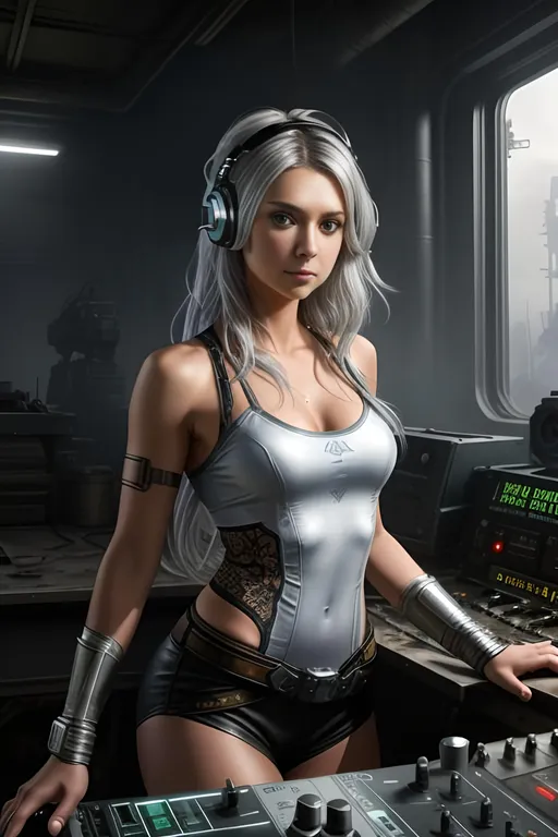 Prompt: Nina Dobrev, (surprise face), ((detailed fit muscular body)), background oil painting in post apocalyptic sci-fi dieselpunk style a woman with silver hair is playing music on dj's desk and sensual dancing, by Anders Zorn and Joseph Christian Leyendecker, wearing (black lace Mjolnir Powered Assault gen 3 Armor) from halo games, siler hair, highly detailed face, highly detailed eyes, highly detailed body, full body, whole body visible, full character visible, hyperrealism with hyperrealistic intricate details, anime vibes, cinematic volumetric dramatic dramatic studio 3d glamour lighting, backlit backlight, 128k UHD HDR HD, front view professional photography long shot, unreal engine octane render trending on artstation, triadic colors, sharp focus, occlusion, centered, symmetry, ultimate, shadows, highlights, contrast, art by Yoji Shinkawa and WLOP and Ilya Kuvshinov  and Greg Rutkowski and Vladimir Volegov,