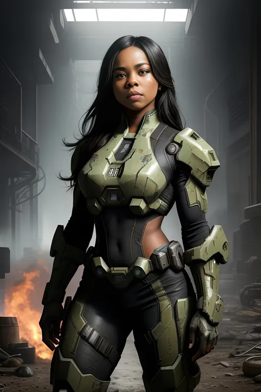 Prompt: "Regina Hall" ((detailed fit muscular body)), background oil painting in post apocalyptic sci-fi dieselpunk style by Anders Zorn and Joseph Christian Leyendecker, wearing (black Mjolnir Powered Assault gen 3 Armor) from halo games, highly detailed face, highly detailed eyes, highly detailed body, full body, whole body visible, full character visible, hyperrealism with hyperrealistic intricate details, anime vibes, cinematic volumetric dramatic dramatic studio 3d glamour lighting, backlit backlight, 128k UHD HDR HD, front view professional photography long shot, unreal engine octane render trending on artstation, triadic colors, sharp focus, occlusion, centered, symmetry, ultimate, shadows, highlights, contrast, art by Yoji Shinkawa and WLOP and Ilya Kuvshinov  and Greg Rutkowski and Vladimir Volegov,