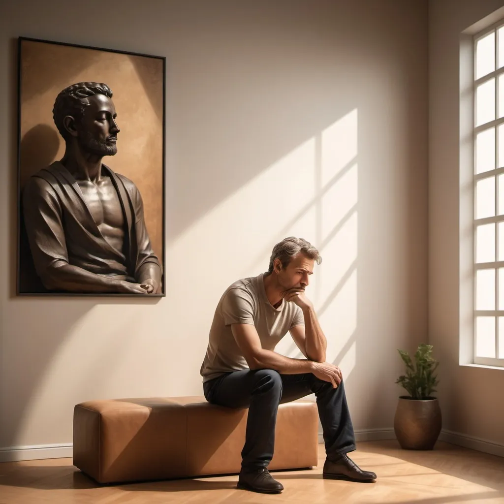 Prompt: photorealistic, (introspective) man seated in (thinker pose), soft natural lighting, warm tones, delicate shadows enhancing features, comfortable room ambiance, modern interior with minimalistic decor, inviting atmosphere, high resolution, ultra-detailed image, emphasizing deep thought and contemplation.