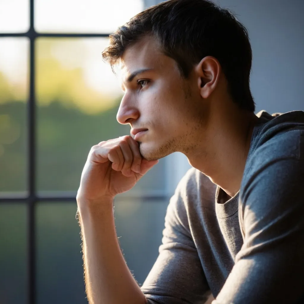 Prompt: young man side profile of him sitting in rodins thinkers pose with light shining down from behind and above hand on chin facing the right