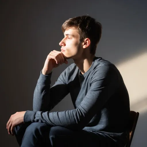 Prompt: Full figure of young man side profile of him sitting in rodins thinkers pose with light shining down from behind and above hand on chin facing the right