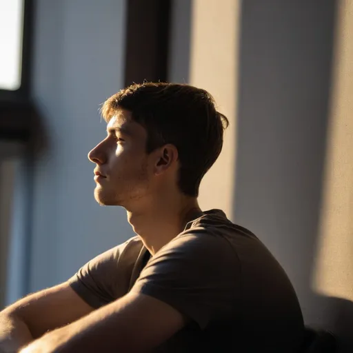 Prompt: young man side profile of him sitting in rodins thinkers pose with light shining down from behind and above