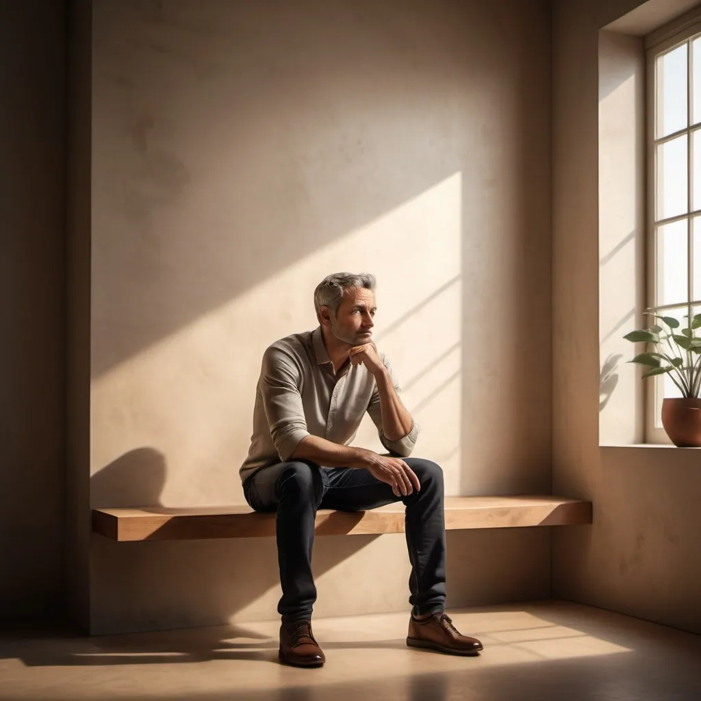 Prompt: photorealistic, (introspective) man seated in (thinker pose), soft natural lighting, warm tones, delicate shadows enhancing features, comfortable room ambiance, modern interior with minimalistic decor, inviting atmosphere, high resolution, ultra-detailed image, emphasizing deep thought and contemplation.