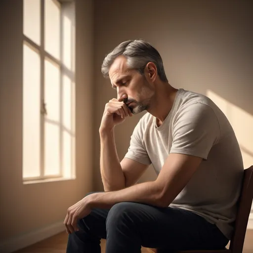 Prompt: photorealistic, (introspective) man seated in (thinker pose), soft natural lighting, warm tones, delicate shadows enhancing features, comfortable room ambiance, modern interior with minimalistic decor, inviting atmosphere, high resolution, ultra-detailed image, emphasizing deep thought and contemplation.