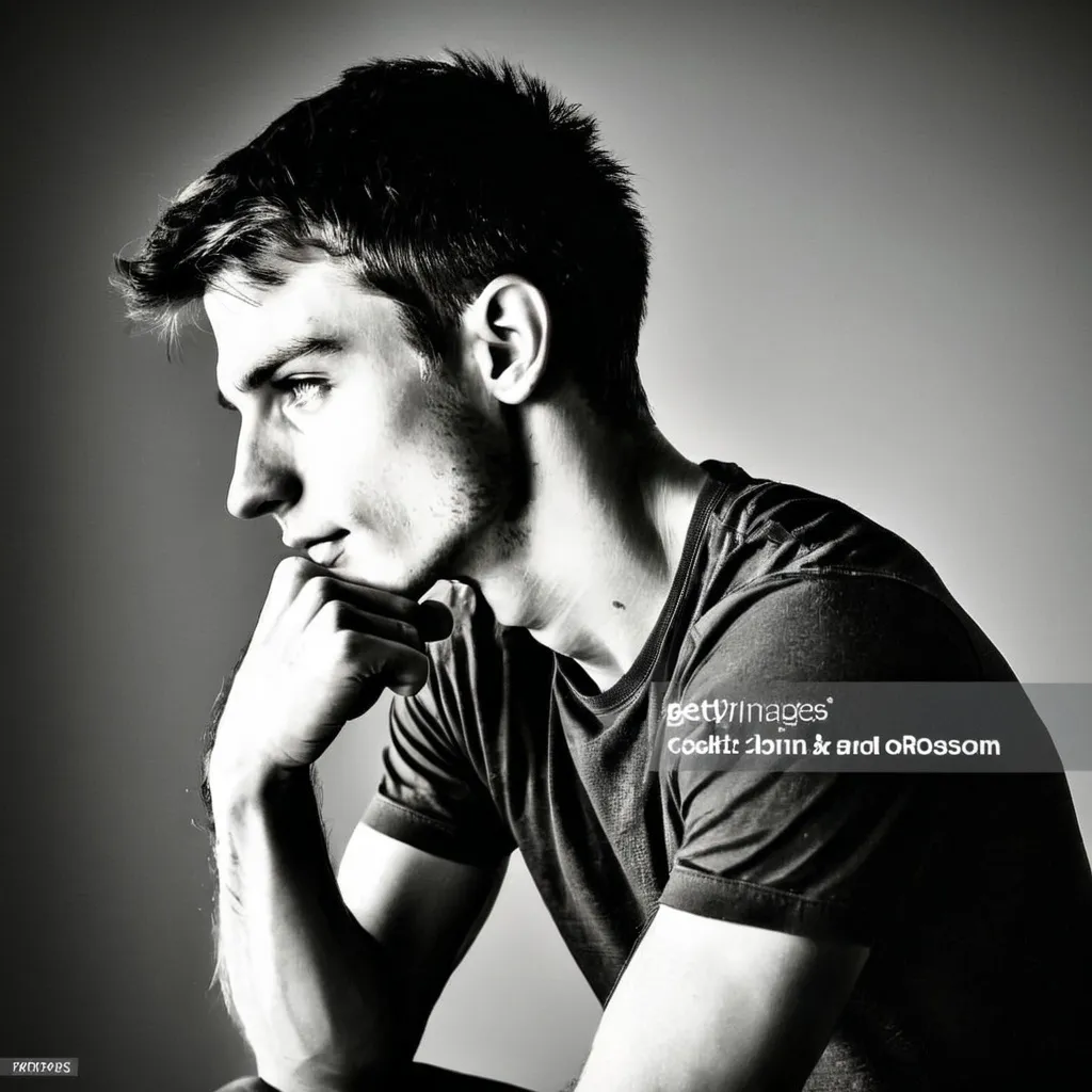 Prompt: Full figure of young man side profile of him sitting in rodins thinkers pose with light shining down from behind and above hand on chin facing the right