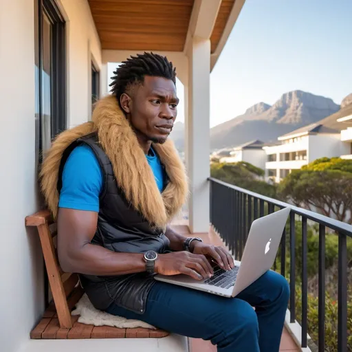 Prompt: A lion faced Zim African male sitting on the first floor balcony in a lifestyle estate between midday and sunset, basking some winter summer in cape town, south africa. Holding a MacBook Air M2 model, wearing a black vest and a blue winter bottom and sitting on a camping hair.