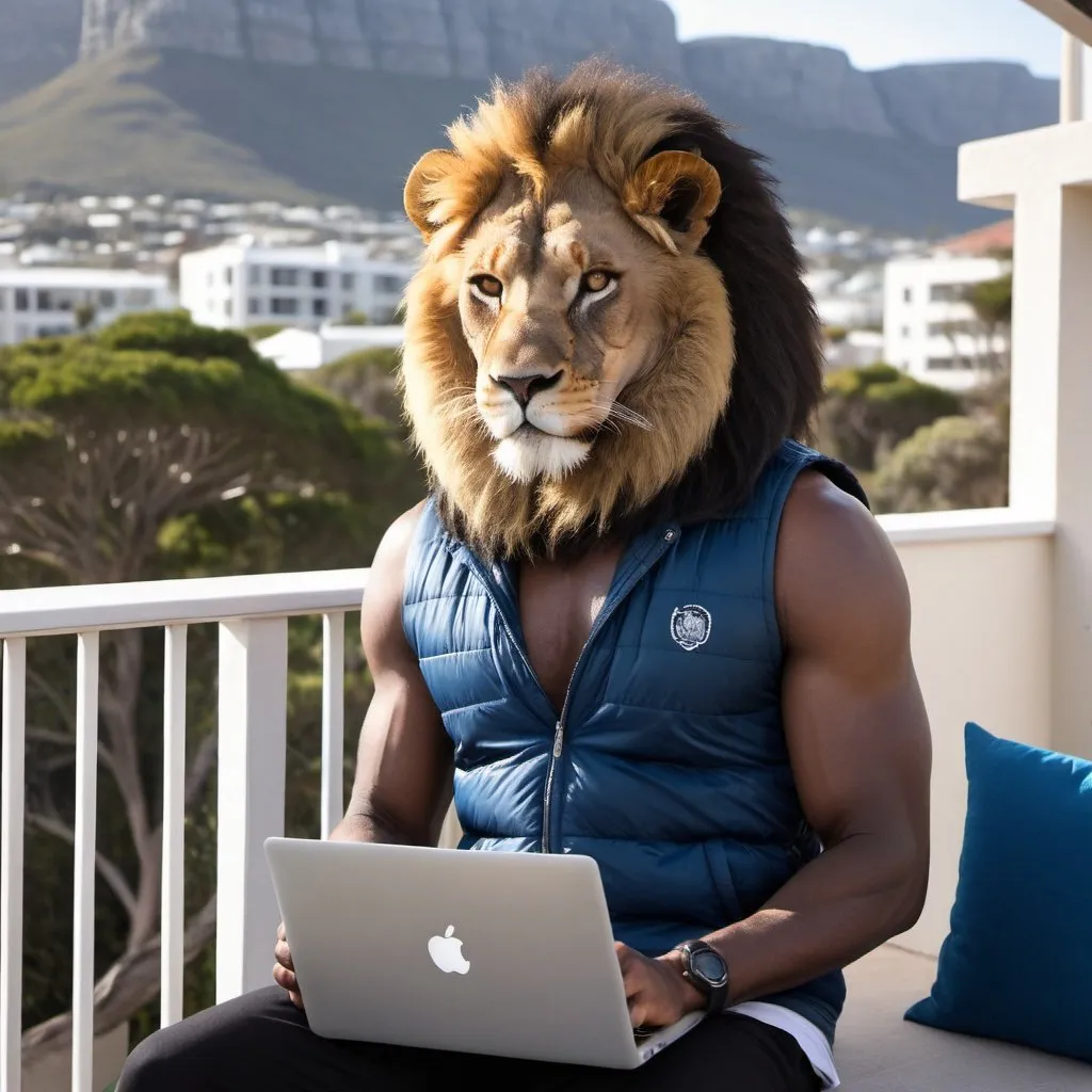 Prompt: A handsome lion faced Zim African male sitting on the first floor balcony in a lifestyle estate between midday and sunset, basking some winter summer in cape town, south africa. Holding a MacBook Air M2 model, wearing a black vest and a blue winter bottom and sitting on a camping hair. Find somewhere to put an eye athing label or tag or trademark of "TheMahakaEmpire"