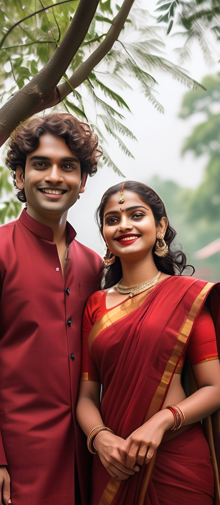 Prompt: Beneath a canopy of verdant tree branches, a young couple stands closely together, both dressed in rich shades of red that radiate warmth and harmony. The man, sporting a stylish curly haircut, beams with a bright smile, his hand resting comfortably on the shoulder of the woman beside him, who presents a gentle smile accentuated by traditional earrings and a delicate bindi on her forehead. The soft sunlight filters through the leaves overhead, illuminating their joyful expressions and creating a tranquil atmosphere that envelops them in a sense of intimacy and celebration. The composition captures the essence of their connection against a backdrop of nature, suggesting a moment of shared joy and togetherness.