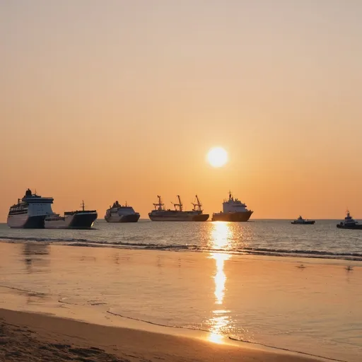 Prompt: on a beach with a view of the sunset and there are several ships in the middle