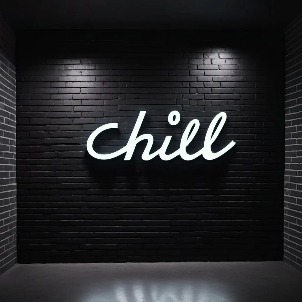 Prompt: Big wall made of black coloured bricks with a neon sign that says "CH1LL" in cursive "Finecos" font. Photo taken in portrait style