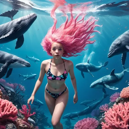 Prompt: Swimming: A skin-skinned girl with pink hair , is swimming next to whales, and pink corals are approaching her.