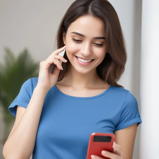 Prompt: fotorealista, mulher com blusa e roupas da cor azul sem detalhes, feliz usando o celular, fundo branco