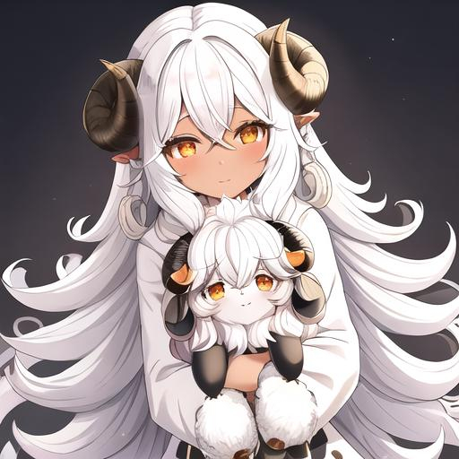 Prompt: High-quality anime illustration of a young sheep-girl with black skin, fluffy white hair, long curly hair down, goldish orange eyes, wearing a white sweater, holding a stuffed sheep, detailed fur and hair, cute and endearing expression, cozy atmosphere, anime, detailed eyes, fluffy design, professional, warm lighting, cute, adorable, innocent, horns, fluffy white collar with a bell