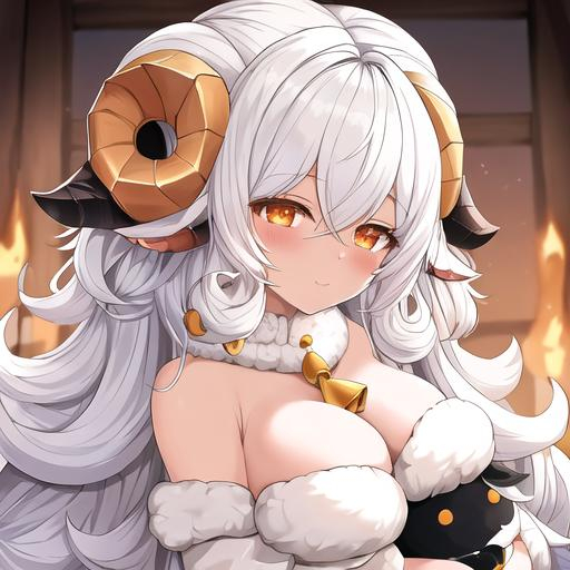 Prompt: High-quality anime illustration of a young sheep-girl with black skin, fluffy white hair, long curly hair down, goldish orange eyes, wearing a white sweater, holding a stuffed sheep, detailed fur and hair, cute and endearing expression, cozy atmosphere, anime, detailed eyes, fluffy design, professional, warm lighting, cute, adorable, innocent, horns