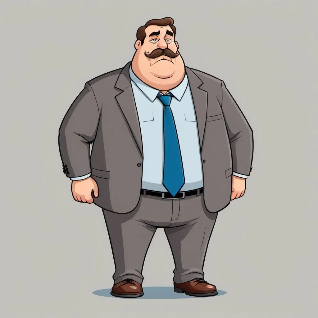 Prompt: Full body image of a large, fat man with hardly any neck, round ruddy face, thick brown hair, bushy brown mustache, thick brown eyebrows and small, piercing eyes. He typically wears a plain grey business suit, black dress shoes, and a blue tie. flat illustration, cartoon, vector illustration