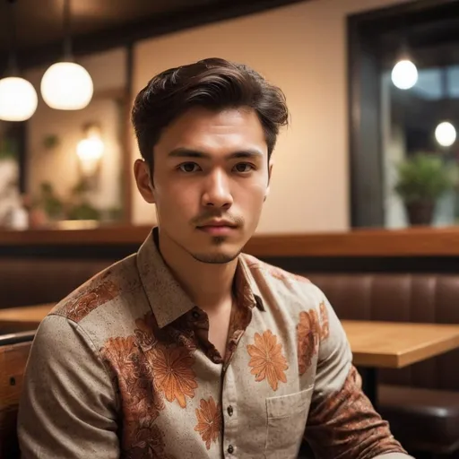 Prompt: The image depicts a man in the foreground with a focused and direct gaze. He has neatly groomed hair . His facial expression is serious and contemplative. Wearing a shirt adorned with a floral pattern, the man's appearance is both stylish and relaxed. The colors are warm and subdued, consisting mostly of brown and amber tones, creating a cozy atmosphere. The background is blurred, suggesting an indoor setting, possibly a restaurant or a cafe, with soft lighting that enhances the subject's presence.