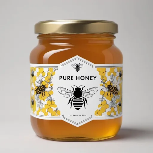 Prompt: Label for a jar of honey. The design should be primarily black and yellow, featuring a bee and a hive pattern. The label should be visually appealing and convey a natural, organic feel. The text on the label should read 'Pure Honey' in an elegant, readable font. The bee and hive pattern should be prominent but not overwhelming, ensuring the text remains clear and legible.