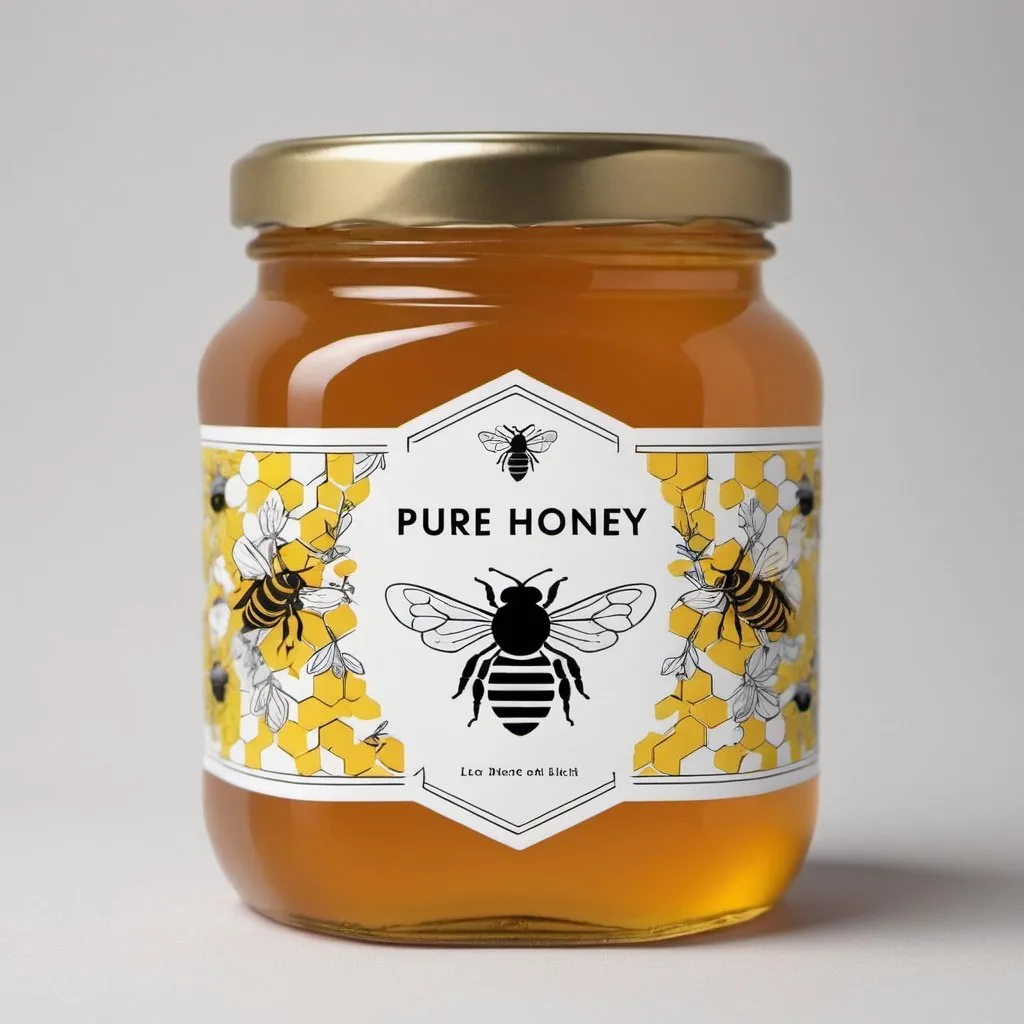 Prompt: Label for a jar of honey. The design should be primarily black and yellow, featuring a bee and a hive pattern. The label should be visually appealing and convey a natural, organic feel. The text on the label should read 'Pure Honey' in an elegant, readable font. The bee and hive pattern should be prominent but not overwhelming, ensuring the text remains clear and legible.