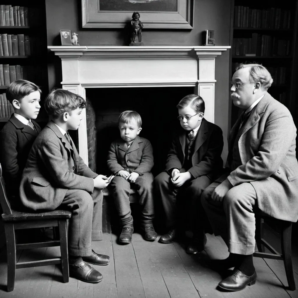 Prompt: a few kids talking to G. K. Chesterton and C. S. Lewis in front of an early 20th century fire place