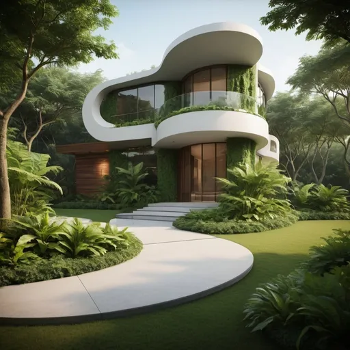 Prompt: architectural podium design of area 2500 sqft with landscape ,lush green , modern , curves , unique ,cinematic