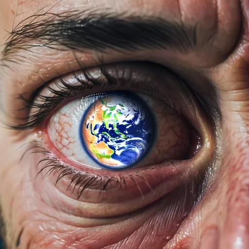 Prompt: Man crying his eyes look like earth from space
His Left iris says joy 
His Right iris says pain