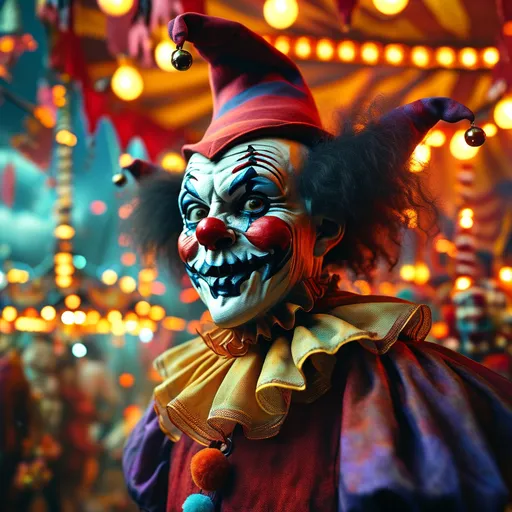 Prompt: (clown opening a spooky carnival), eerie atmosphere, vibrant colors, flickering lights, unsettling clown expression, dramatic shadows, haunting decorations, fog rolling through the tent, night sky, festive but sinister vibe, eerie rides in the background, high detail, cinematic quality, (Halloween theme), captivating and terrifying allure, exciting yet frightening experience, mysterious ambiance, feeling of anticipation.