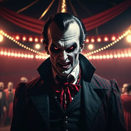 Prompt: (vampire preparing to attack on Halloween night at a circus), (realism style), dark and eerie atmosphere, dramatic shadows, vibrant red and black color scheme, creepy carnival lights flickering in the background, ominous characters in vintage circus attire, highly detailed and expressive faces, sharp fangs visible, high tension, suspenseful mood, ultra-detailed, (4K quality).