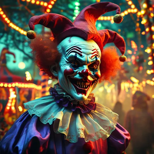 Prompt: (clown opening a spooky carnival), eerie atmosphere, vibrant colors, flickering lights, unsettling clown expression, dramatic shadows, haunting decorations, fog rolling through the tent, night sky, festive but sinister vibe, eerie rides in the background, high detail, cinematic quality, (Halloween theme), captivating and terrifying allure, exciting yet frightening experience, mysterious ambiance, feeling of anticipation.