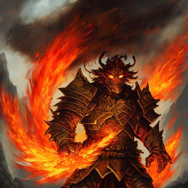 Prompt: Fantasy style painting of an armored fire warrior hurling giant fireballs all around him 