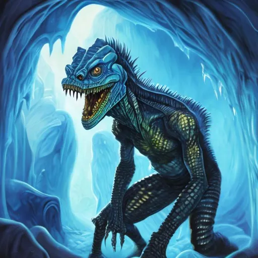 Prompt: Fantasy style painting of a humanoid reptile creature in an ice cave 