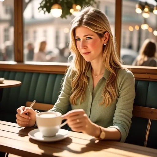 Prompt: <mymodel>Young woman in casual outfit reading and drinking coffee in a cozy cafe, Jennifer Aniston-style haircut, realistic, photo realistic, warm lighting, detailed facial features, comfortable atmosphere, high quality