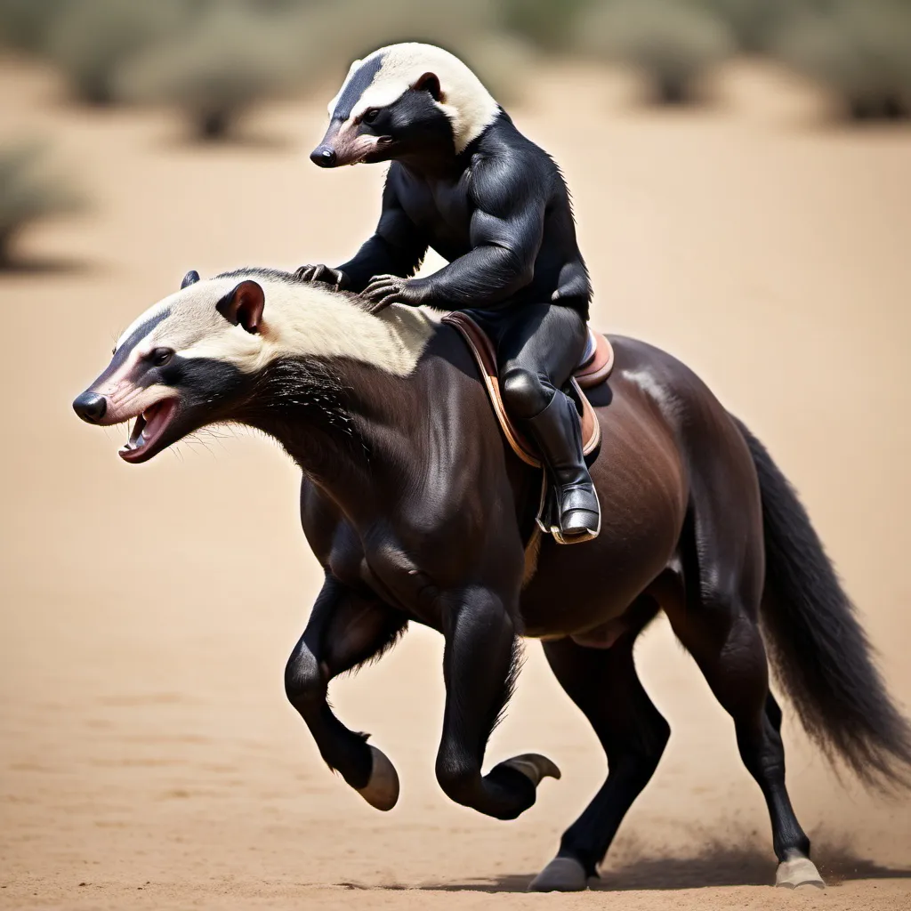 Prompt: A honey badger riding a horse