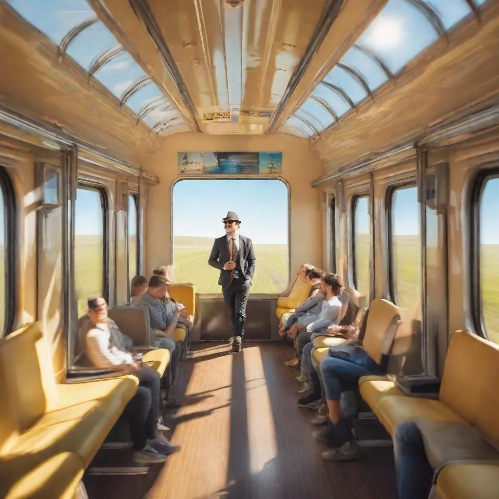 Prompt: dtrain in motion going through a sunny plain. Man on board smiling and dreaming
