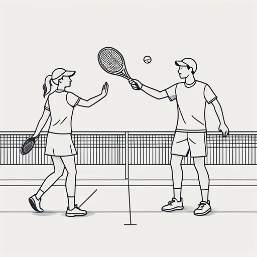 Prompt: Minimalist linear illustration of a woman and a man playing tennis, high-fiving over the net, simple and clean lines, monochromatic tones, subtle details, high quality, minimalism, linear art, tennis players, high-fiving, monochrome, clean lines, subtle details, professional, highres, high quality